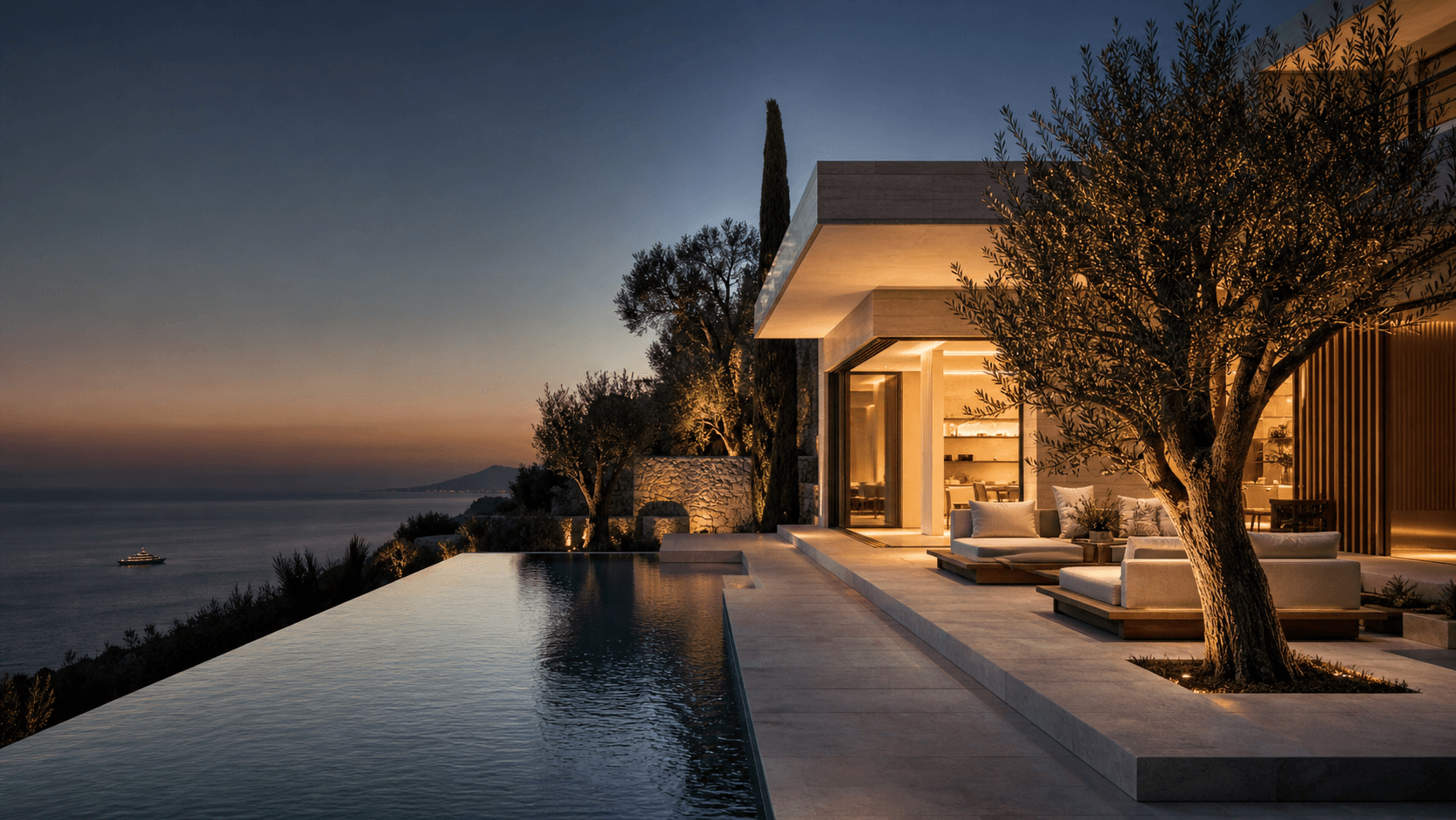Private Mediterranean villa above the Costa del Sol at blue hour